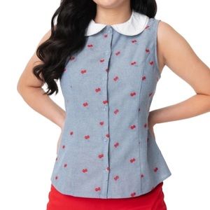 Unique Vintage Chambray Cherry Print Tuscadero Sleeveless Button Down Top
